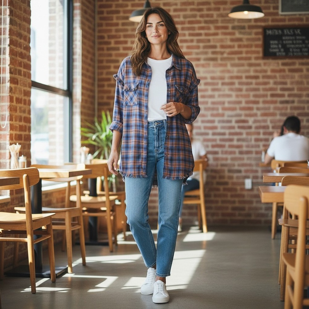 Wanderlust Plaid Button Down‎ Shirt Blue Orange Frayed Hem Shacket Large LVM1016
